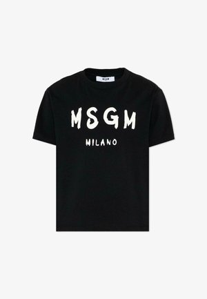 T-shirt noir à manches courtes avec un grand texte blanc "MSGM" et un texte plus petit "MILANO" en dessous, au centre devant.