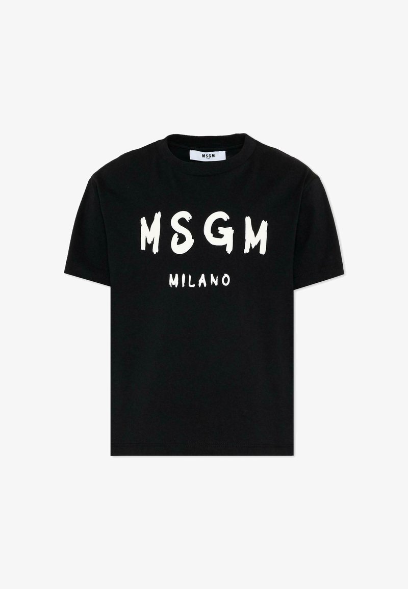 T-shirt nera a maniche corte con grande scritta bianca "MSGM" e scritta più piccola "MILANO" sotto, al centro del davanti.