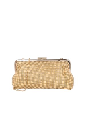 Clutch de malla dorada para la noche con marco metálico, cierre de broche y una delicada correa de cadena, sobre un fondo blanco liso.