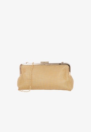 Clutch de malla dorada para la noche con marco metálico, cierre de broche y una delicada correa de cadena, sobre un fondo blanco liso.
