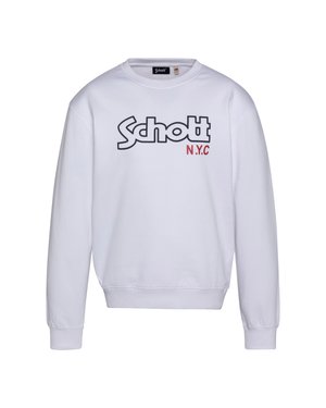 Hvid sweatshirt med rund hals, ribbede manchetter og kant. Vist med "Schott" i sort og "N.Y.C." i rød på forsiden.