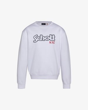 Hvid sweatshirt med rund hals, ribbede manchetter og kant. Vist med "Schott" i sort og "N.Y.C." i rød på forsiden.