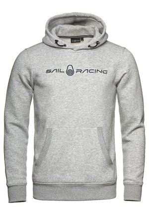 Grå bomullshuvtröja med framficka, dragsko i huvan och en stor "SAIL RACING" logotyp i mörkblått. Har ribbade manschetter och nederkant.