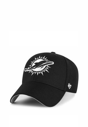 Schwarze Baseballkappe mit weißem Delfin-Logo, umgeben von Sonnenstrahlen auf der Vorderseite und '47 Markeninsigne an der Seite.