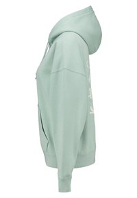 Sweat à capuche vert clair avec cordons et poche avant, montré de côté gauche sur un fond blanc.