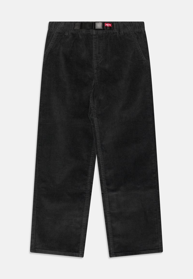 Pantalon en velours côtelé noir avec jambes droites, poches latérales et ceinture réglable intégrée à la taille.
