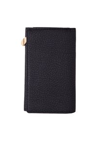 Black textured wallet with a zip closure, featuring a subtle patterned design and a gold-toned accent on the side. Compact rectangular shape.