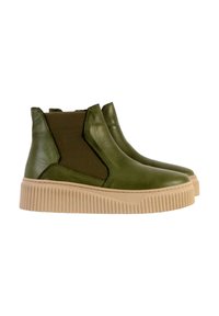 Botines de cuero verde con paneles laterales elásticos, una gruesa suela de goma beige y una banda de rodadura texturizada para mayor agarre. Acabado liso.
