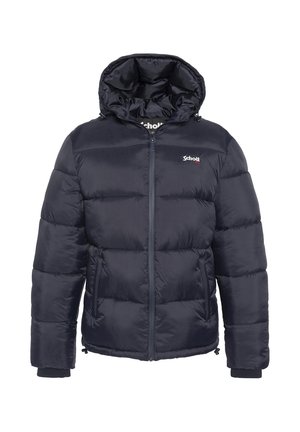 Marineblaue Steppjacke mit Reißverschluss, Kapuze, elastischen Bündchen und zwei Seitentaschen. Verfügt über gesteppte Bereiche und ein Logo auf der Brust.