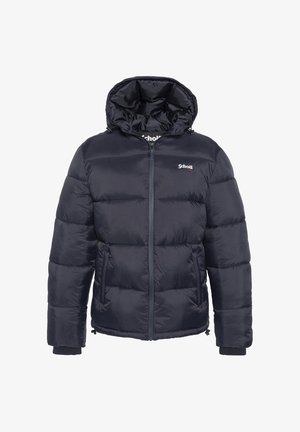 Marineblaue Steppjacke mit Reißverschluss, Kapuze, elastischen Bündchen und zwei Seitentaschen. Verfügt über gesteppte Bereiche und ein Logo auf der Brust.