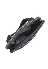 Schwarze Stofftasche mit Reißverschluss, stabiler Form und Innenfächern. Die Oberfläche wirkt glatt und besteht aus einem strapazierfähigen Material.