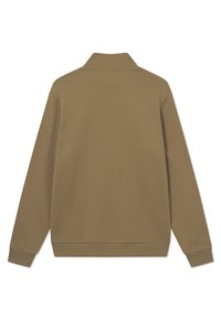 Sweat-shirt marron, en mélange de coton doux, col replié, manches longues, poignets et ourlet côtelés, texture lisse, design simple sans graphiques visibles.