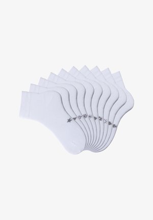 Weiße Baumwollknöchelsocken im 10er-Pack, mit einem gerippten Bund und grauen Mustern entlang der Sohlen. Glatte Textur über die gesamte Socken.