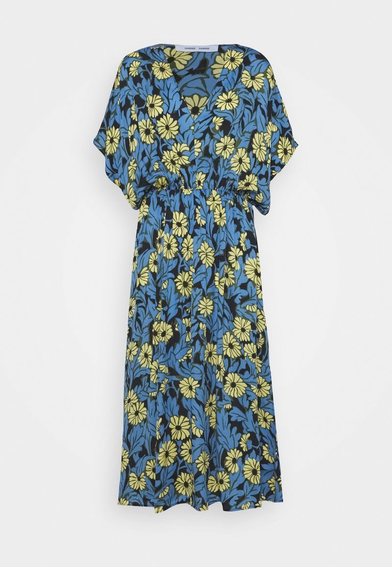 Robe midi fleurie à manches courtes, avec un fond bleu, des fleurs jaunes et une taille élastique pour une coupe décontractée.
