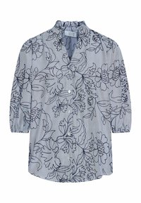 Stribet bluse i blå og hvid med sort blomsterprint, knaplukning og ståkrave. Har pufærmer og tekstureret stof.