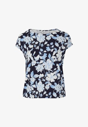 Bloes met bloemenmotief in marineblauw met lichtblauwe en witte bloemen. Korte mouwen, ronde halslijn, zachte stof en een losse pasvorm.
