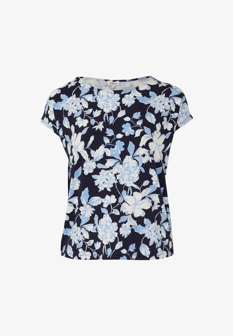 Blouse fleurie bleu marine avec des fleurs bleu clair et blanches. Manches courtes, encolure ronde, tissu doux et coupe décontractée.