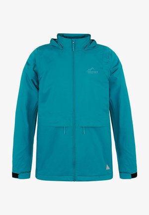 Türkisfarbene Outdoor-Jacke mit Kapuze, vorderem Reißverschluss, verstellbarem Saum und Manschetten sowie einem Logo auf der Brust. Glattes, leichtes Material.