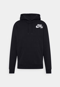 Zwarte Nike SB hoodie van een katoenmix, met een voorzak, een capuchon met trekkoorden, en een groot wit logo op de borst.