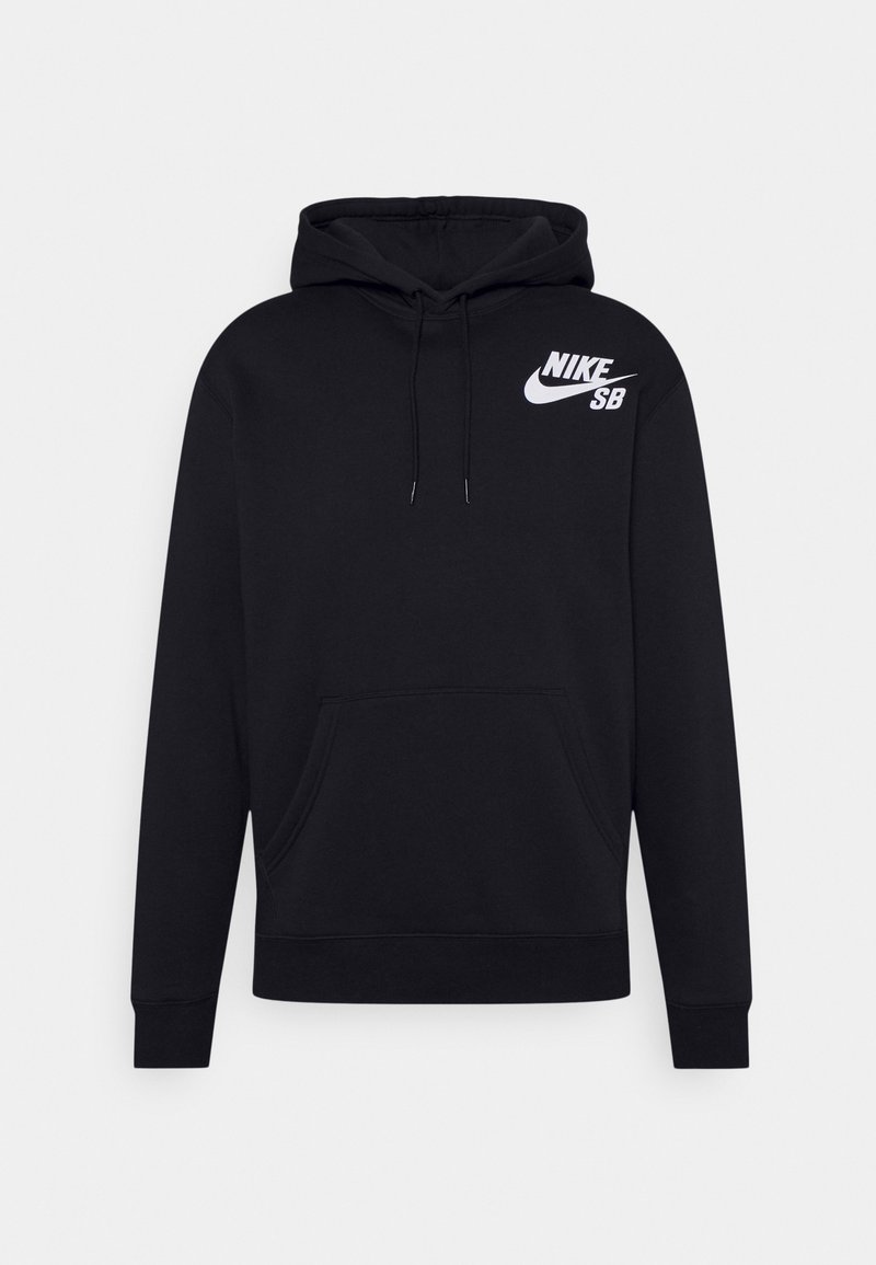 Zwarte Nike SB hoodie van een katoenmix, met een voorzak, een capuchon met trekkoorden, en een groot wit logo op de borst.