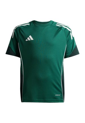 Grünes Sport-T-Shirt aus feuchtigkeitsableitendem Material, mit weißen Streifen auf den Schultern und "AEROREADY"-Schriftzug auf der Vorderseite.