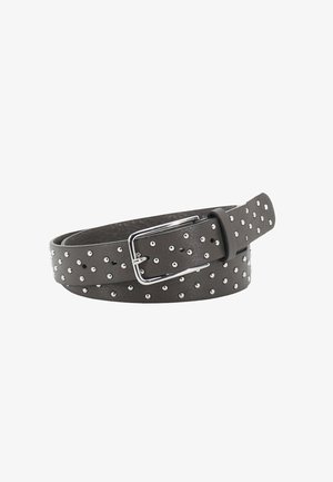 Gray leather belt featuring silver studs throughout, with a rectangular metal buckle and a smooth, textured surface.