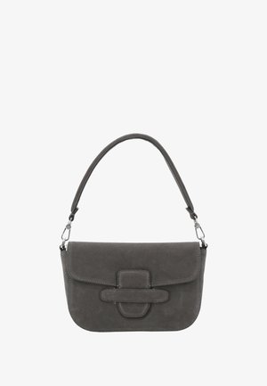 Dark gray suede shoulder bag with a flap closure and a detachable strap fastened by silver clasps.