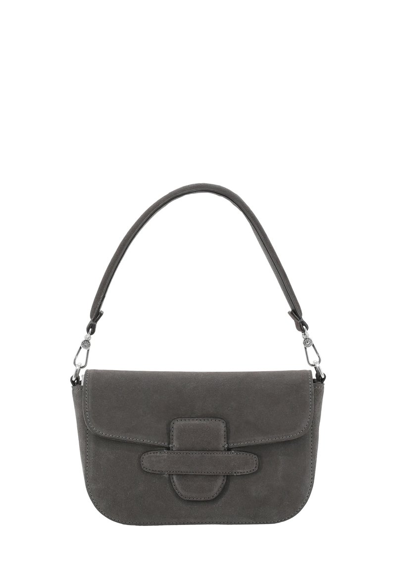 Dark gray suede shoulder bag with a flap closure and a detachable strap fastened by silver clasps.
