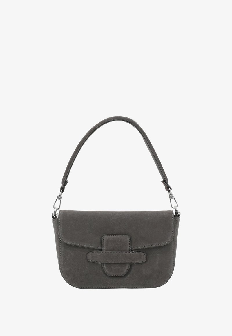 Dark gray suede shoulder bag with a flap closure and a detachable strap fastened by silver clasps.
