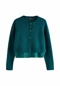 Tyrkysový pletený cardigan s kulatým výstřihem, dlouhými rukávy a zapínáním na knoflíky s odpovídajícími knoflíky. Měkká, strukturovaná tkanina.