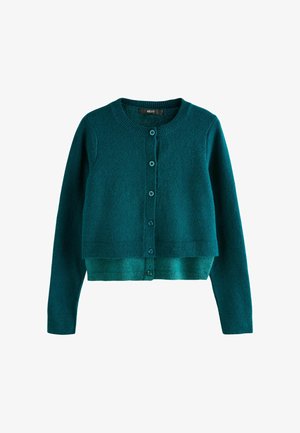 Cardigan en tricot teal avec un col rond, des manches longues et un devant boutonné avec des boutons assortis. Tissu doux et texturé.