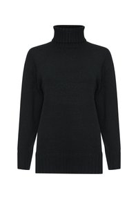 Czarny sweter z golfem wykonany z teksturowanej dzianiny, z długimi rękawami oraz ribbrowymi mankietami i dołem. Prosty, klasyczny design.
