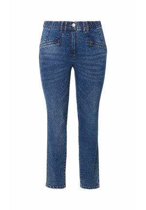 Blaue Jeans aus Denim mit elastischem Bund, vorderem Reißverschluss und Knopfverschluss sowie schrägen Reißverschlusstaschen an beiden Hüften.