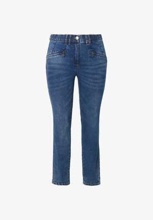 Niebieskie dżinsy z elastycznym paskiem w talii, przednim zamkiem błyskawicznym i zapięciem na guzik oraz skośnymi kieszeniami na zamki po obu stronach bioder.