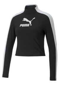 Černá zkrácená košile s dlouhými rukávy a vysokým límcem, s bílými postranními pruhy a bílým logem Puma na přední straně. Hladká textura.