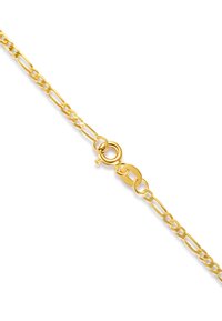 Gold chain necklace with elongated links and a round clasp. Smooth texture, polished finish, featuring a secure closure mechanism.