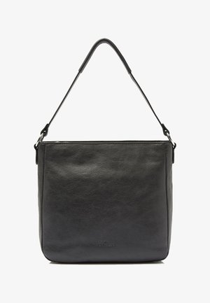 Schwarze Lederhandtasche mit glatter Textur, rechteckiger Form und einem einfachen Schulterriemen. Verfügt über dezentes Branding auf der Vorderseite.