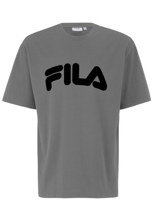 Gray cotton t-shirt with short sleeves and a crew neckline, featuring a large black "FILA" logo printed on the front.