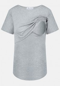 Tricou gri cu mânecă scurtă f made dintr-un material moale, având un design drapat în față cu un detaliu decupat în partea stângă. Hem rotund.