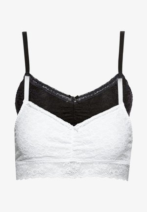 Ensemble de bralette en dentelle noir et blanc avec bretelles réglables, présentant des motifs floraux, un tissu texturé et un design en V.