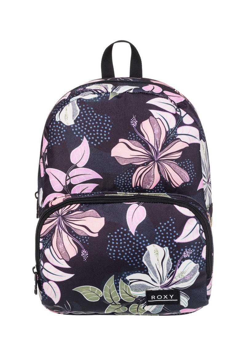 Svart blomsterryggsäck med rosa och vita blommor, gröna löv och en framficka med dragkedja. Tillverkad av slitstarkt material med en hängande ögla.