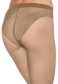 Collant beige trasparente con una texture liscia, caratterizzati da una vita solida. Il design è minimalista, senza motivi o accenti visibili.
