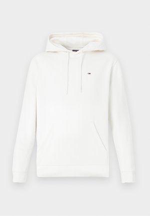 Fehér pulóver kapucnis felső elülső zsebbel, állítható húzózsinórral a kapucnin, és egy kis Tommy Hilfiger logóval a mellkason.