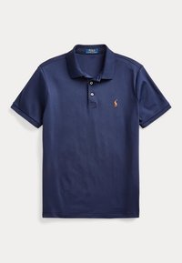 Marineblaues Poloshirt mit kurzen Ärmeln, zwei Knöpfen und kleinem gesticktem Logo auf der linken Brust.