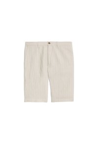 Pantalones cortos beige hechos de una tela ligera, con rayas verticales, cierre frontal con botón y bolsillos laterales. Diseño de pierna recta.
