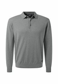 Grijze gebreide poloshirt met lange mouwen, geribde manchetten en onderrand, drie-knoopsluiting en een zachte stoftextuur.