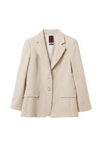 Beige damesblazer met twee knopen, notch revers, en voorste flapzakken, slim fit, gemaakt van een wolblendstof.