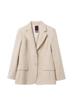 Blazer beige da donna con due bottoni, rever a fazzoletto e tasche anteriori con pattina, vestibilità tailored, realizzato in tessuto misto lana.