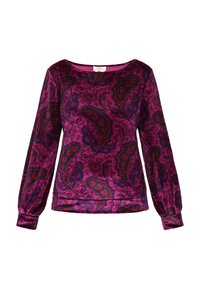 Langärmlige lila Paisley-Bluse mit einem runden Ausschnitt, die ein florales Muster in Rot und Marineblau aufweist und aus einem glatten, strukturierten Stoff gefertigt ist.