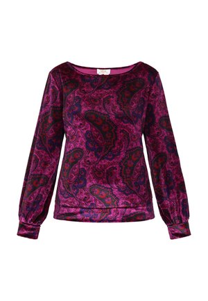 Paarse blouse met lange mouwen in paisley-print, met een ronde halslijn en een bloemenpatroon in rood en marineblauw, gemaakt van een gladde, textuurrijke stof.